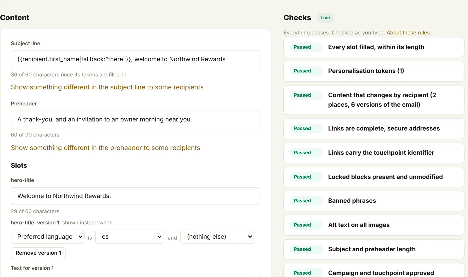 The Etch.Brief build page: the email's content on the left and every QA check passing on the right