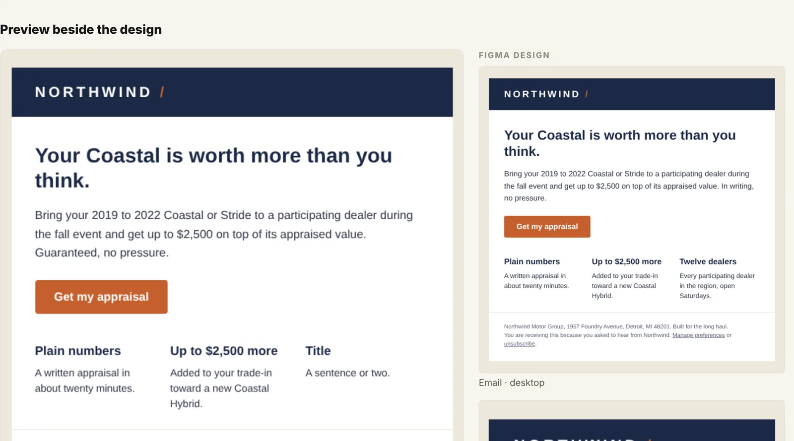 An email build in Etch shown beside its Figma design, so reviewers can compare them